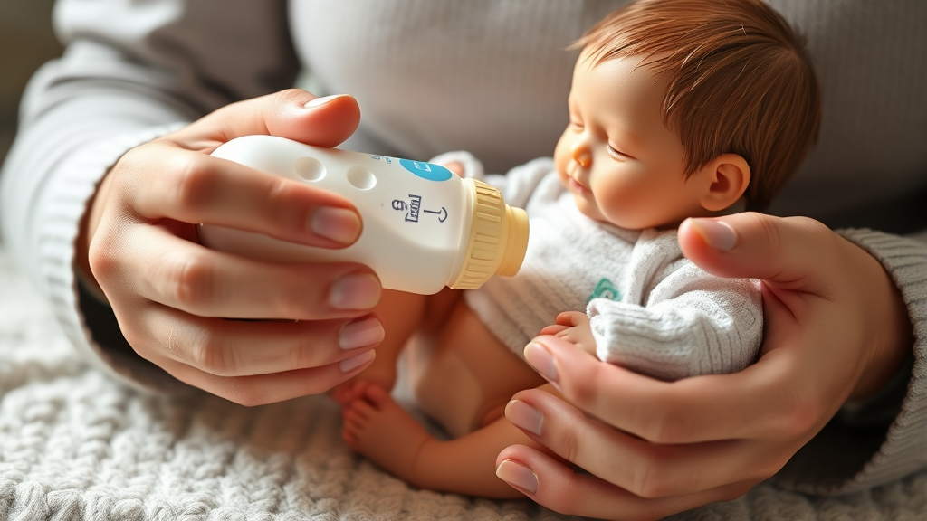 Hands carefully feeding realistic baby doll with bottle, tender caregiving moment, natural lighting, no text no words no letters