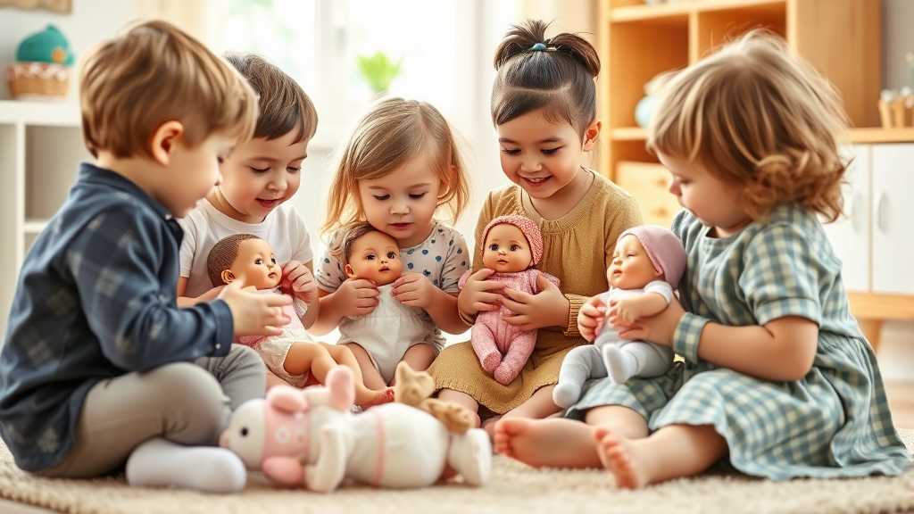 Multiple children playing together with baby dolls, sharing and cooperation, bright playroom setting, no text no words no letters