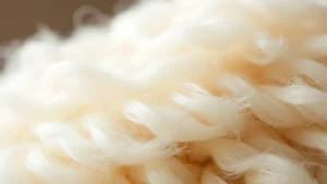 Close-up of soft, fluffy alpaca fiber texture showing fine, silky strands in natural cream color with gentle lighting highlighting the delicate fibers