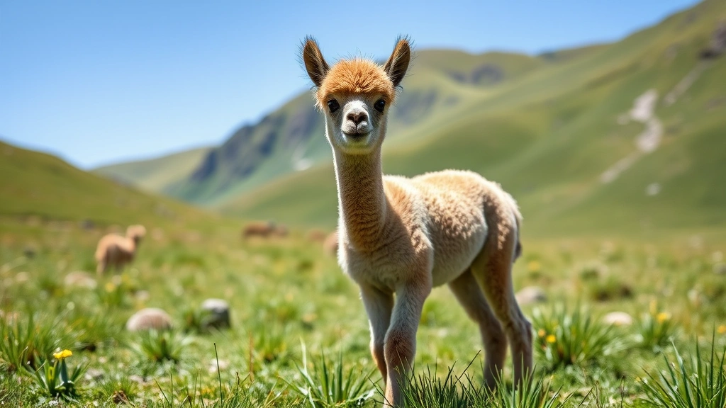 A young alpaca standing in a green Andean mountain meadow, gentle and peaceful expression, natural landscape setting with clear blue sky