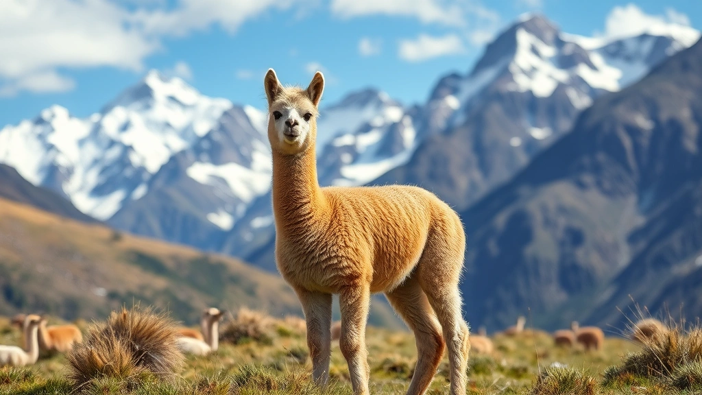 Young alpaca in a mountainous Andean landscape with snow-capped peaks, standing peacefully in natural pasture showing the animal's fleece