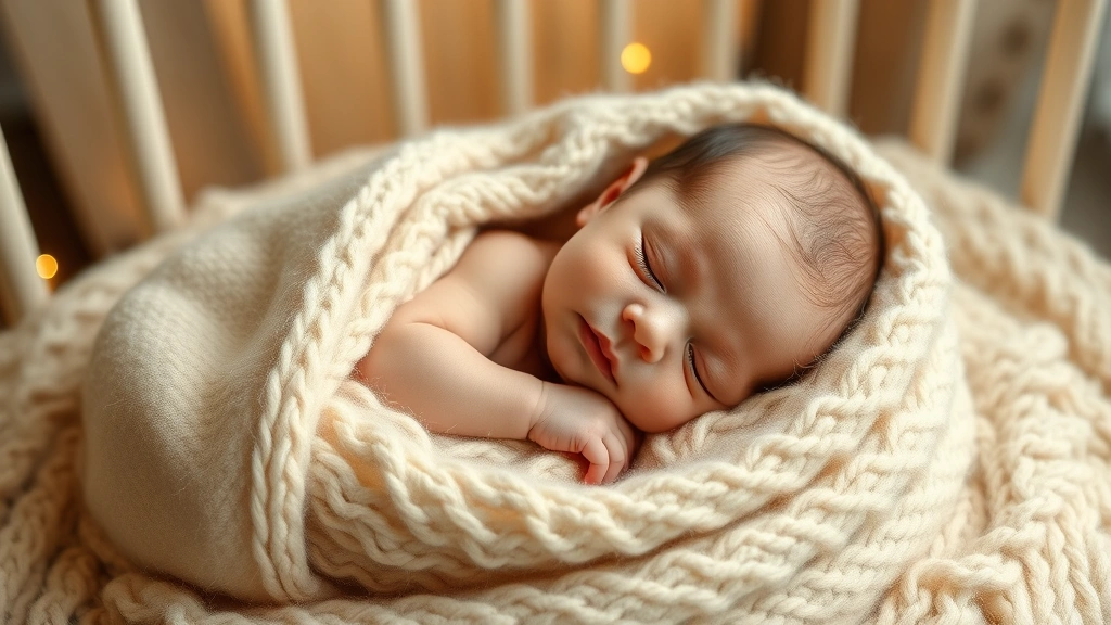 Newborn baby wrapped in a cozy cream-colored baby alpaca blanket, peaceful sleeping pose, soft warm lighting creating a serene nursery atmosphere