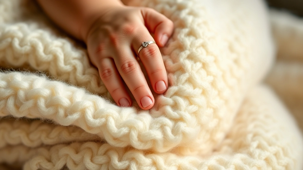 Delicate baby's hand touching luxurious folded baby alpaca wool blanket, showing the softness and comfort of the material in warm natural lighting
