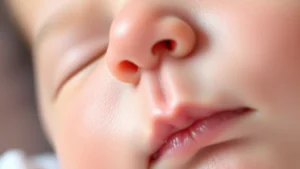 Close-up of a baby's soft skin texture, gentle natural lighting, peaceful sleeping infant face showing healthy complexion