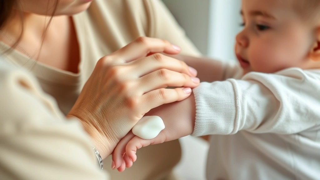 Close-up of a mother gently applying creamy white moisturizer to her baby's arm, soft natural lighting, tender caregiving moment