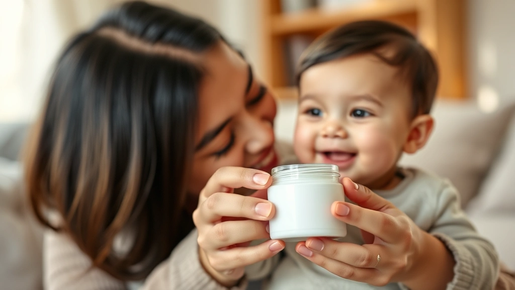 Parent's hands holding jar of white ointment next to baby's happy face, warm home setting, trust and care theme, no product labels visible