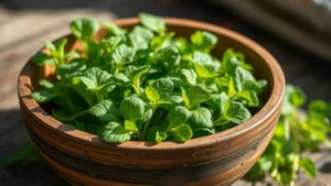 Tender baby arugula leaves in a rustic wooden bowl with soft natural morning sunlight, shallow depth of field, fresh and vibrant green colors