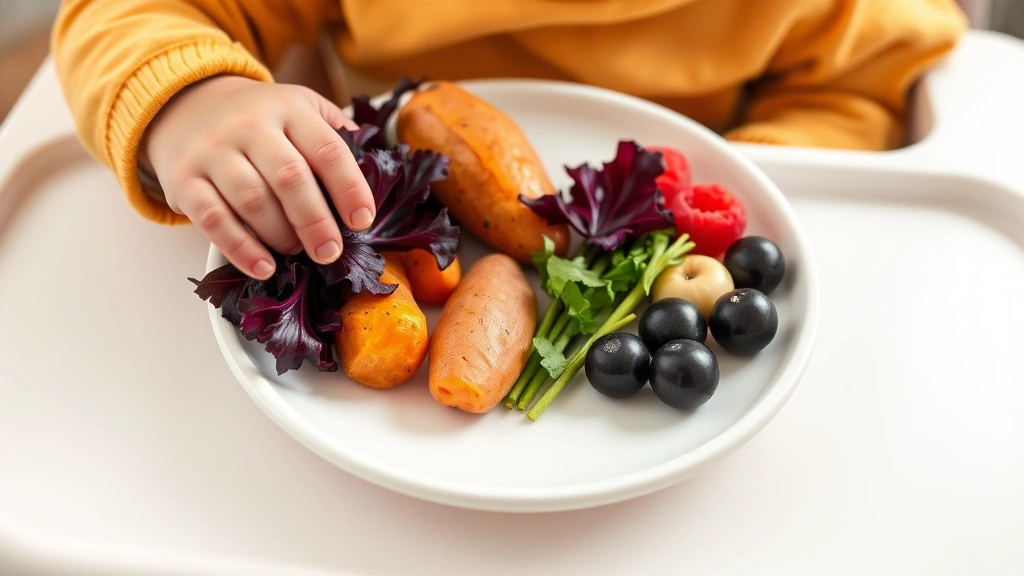 A toddler's hand reaching toward a plate of colorful vegetables including baby arugula, sweet potato, and soft fruits on a high chair tray