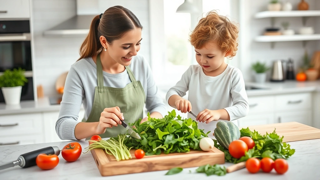 Parent and young child together in a bright kitchen preparing a fresh salad with baby arugula, vegetables, and herbs on a wooden cutting board