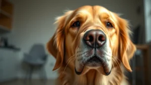 Close-up of a golden retriever's face showing calm, relaxed expression with soft lighting, indoor setting, professional veterinary photography style