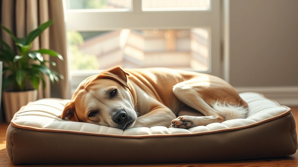 Elderly dog lying comfortably on an orthopedic bed near a window with natural sunlight, peaceful and content expression, warm home environment