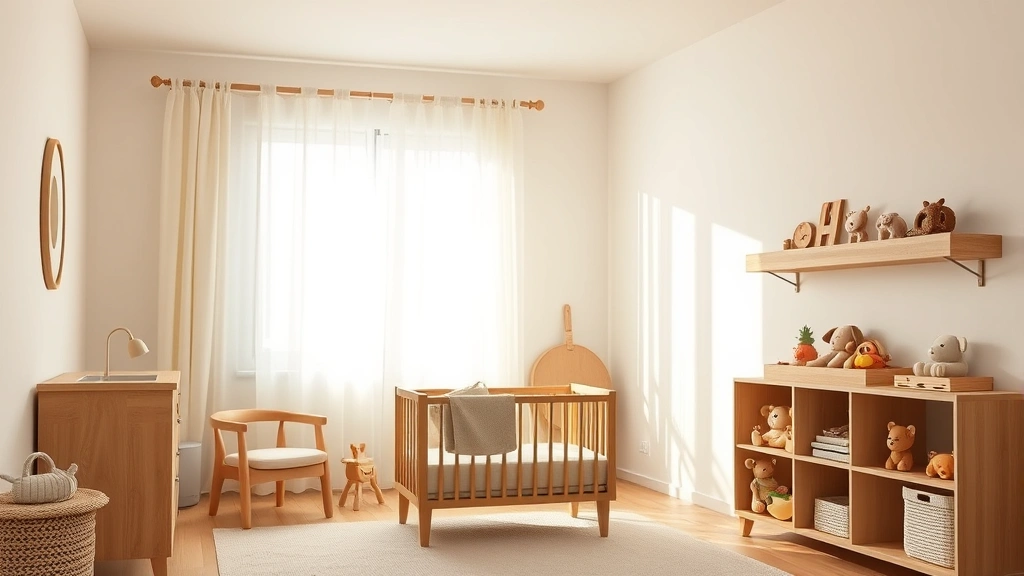 Soft-lit nursery with natural wooden furniture, gentle morning sunlight through curtains, minimal toys organized on shelves, calm and peaceful atmosphere
