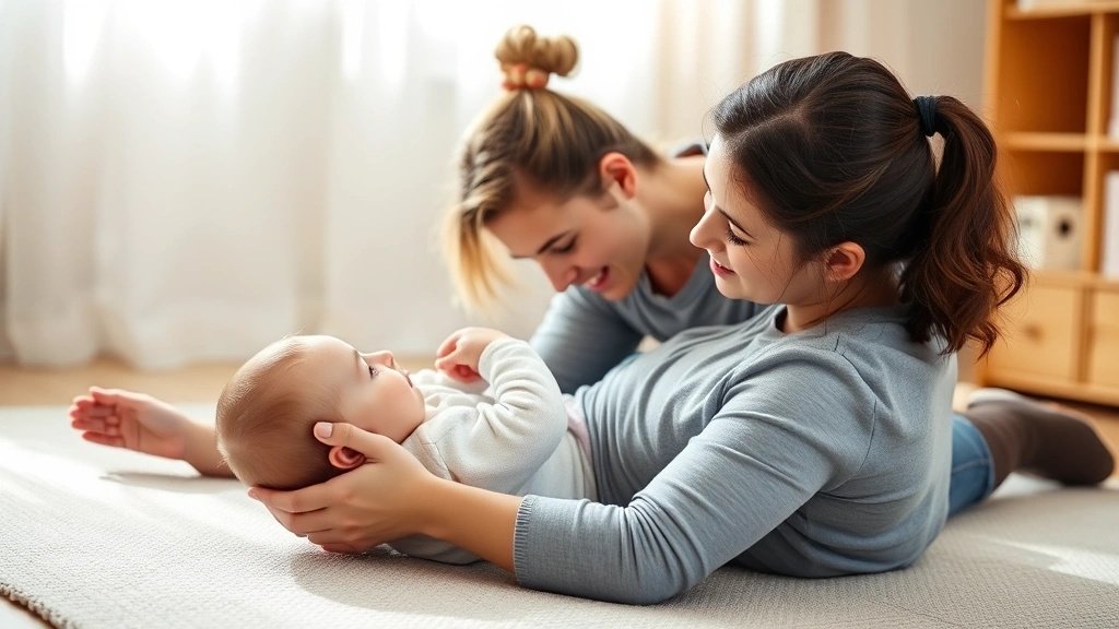 Parent and infant bonding during playtime on a textured mat, warm natural lighting, gentle interaction showing secure attachment and connection