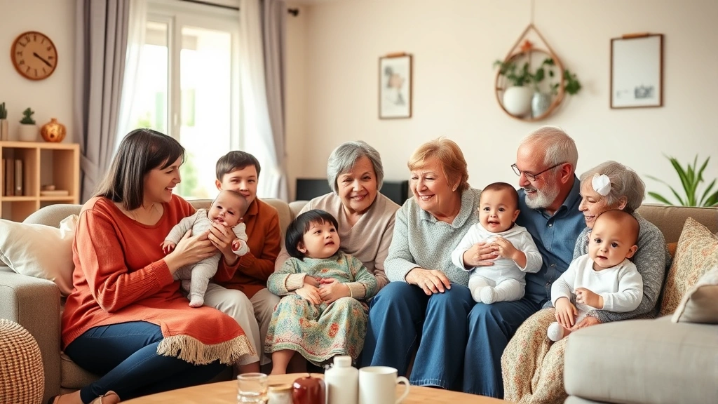 Multi-generational family gathering in a living room, parents and grandparents with babies, warm home environment showing family connection and cultural heritage