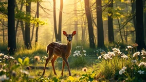 Young fawn in a sunlit forest clearing surrounded by flowers and soft morning light, photorealistic style, gentle and peaceful atmosphere