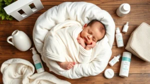 A newborn baby peacefully sleeping in soft white bedding surrounded by gentle nursery items and skincare products arranged aesthetically on a wooden surface