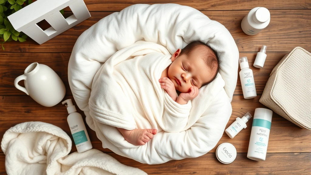 A newborn baby peacefully sleeping in soft white bedding surrounded by gentle nursery items and skincare products arranged aesthetically on a wooden surface