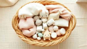 Overhead view of beautifully arranged woven seagrass baby basket filled with soft pastel items like folded blankets, toys, and skincare products in a bright nursery setting