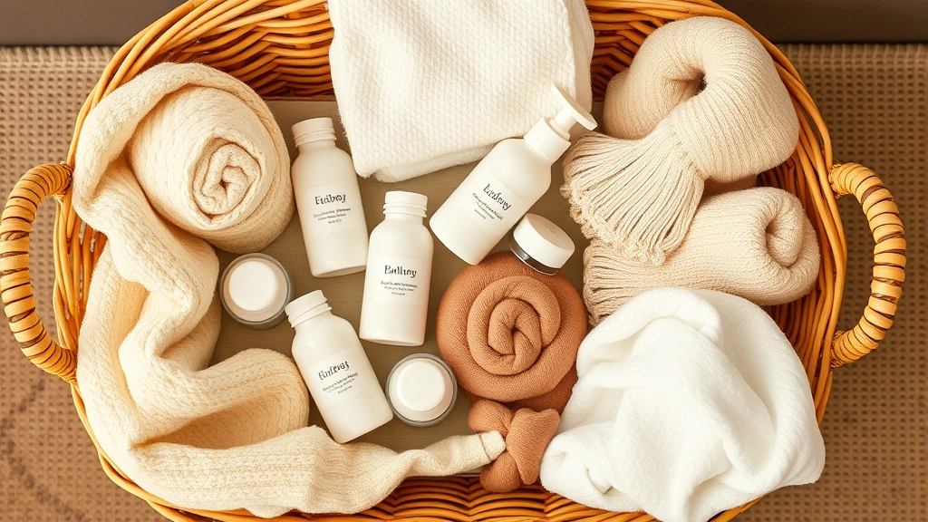 Overhead view of a wicker basket filled with neatly organized baby products including soft towels, bottles, creams, and cozy items in warm neutral tones