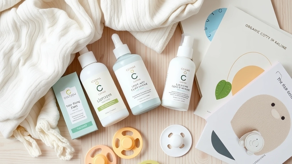 Close-up of various premium baby items including organic cotton blankets, gentle skincare products, board books, and soft pacifiers arranged on a neutral wooden surface