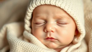 Newborn baby wearing a soft cream organic cotton beanie, peaceful expression, close-up of baby's face and beanie texture, warm natural lighting