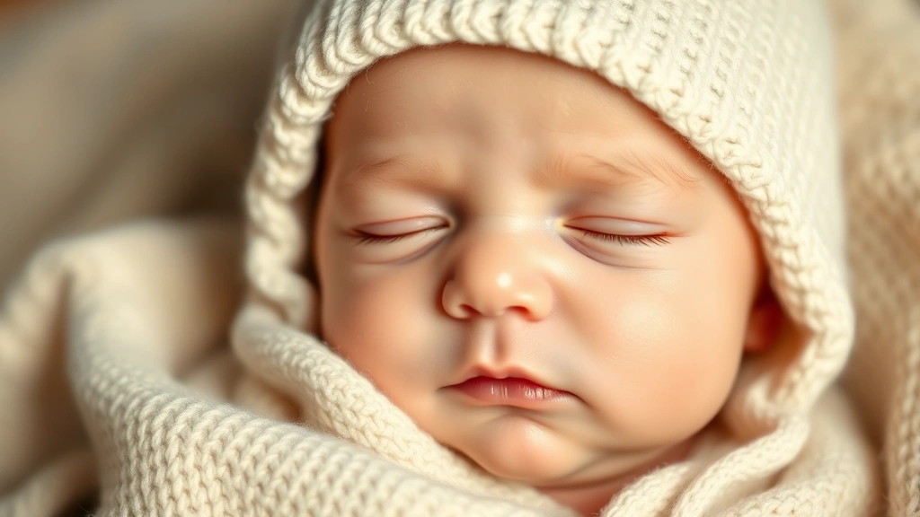 Newborn baby wearing a soft cream organic cotton beanie, peaceful expression, close-up of baby's face and beanie texture, warm natural lighting