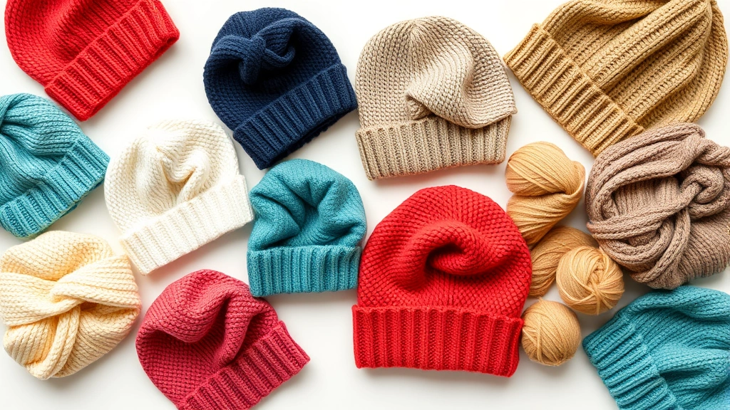Flat lay arrangement of various baby beanies in different colors and textures including cotton, wool, and bamboo fabrics on white background