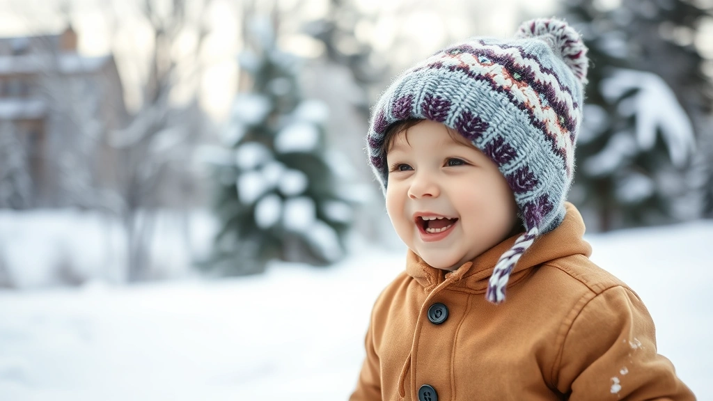 Toddler playing outdoors wearing a winter beanie, laughing in snow-covered landscape, cozy and joyful winter scene with trees in background