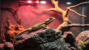 A juvenile bearded dragon basking on a rock under warm lighting in a naturalistic terrarium setup with climbing branches and varied terrain