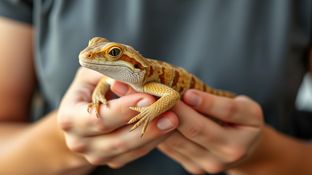 A young bearded dragon being gently held in human hands, displaying calm temperament during safe, supportive handling session with proper body support