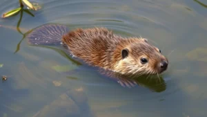 A young beaver kit swimming in clear water with ripples, showing its wet fur and small size, surrounded by water plants and natural habitat