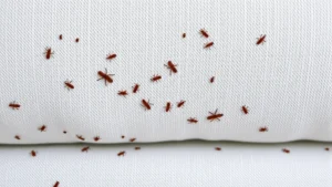 Close-up macro photography of a crib mattress corner showing tiny translucent insects and dark fecal spots on white fabric, natural lighting, photorealistic style