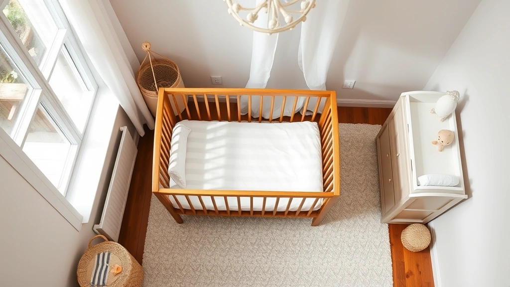 Overhead view of a nursery with a wooden crib, white bedding, and a changing table, bright daylight from window, peaceful and clean aesthetic