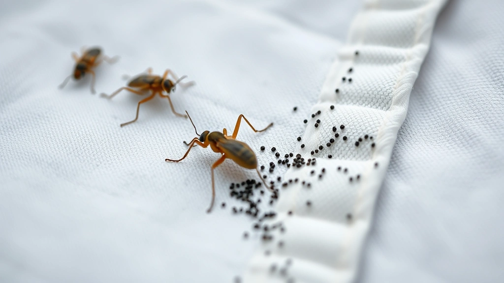 Detailed macro shot of shed insect exoskeletons and tiny dark specks clustered on white crib sheet seam, magnified perspective, photorealistic