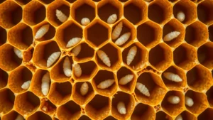 Close-up of honeycomb cells with tiny white larvae visible inside hexagonal cells, soft natural lighting highlighting the delicate structures