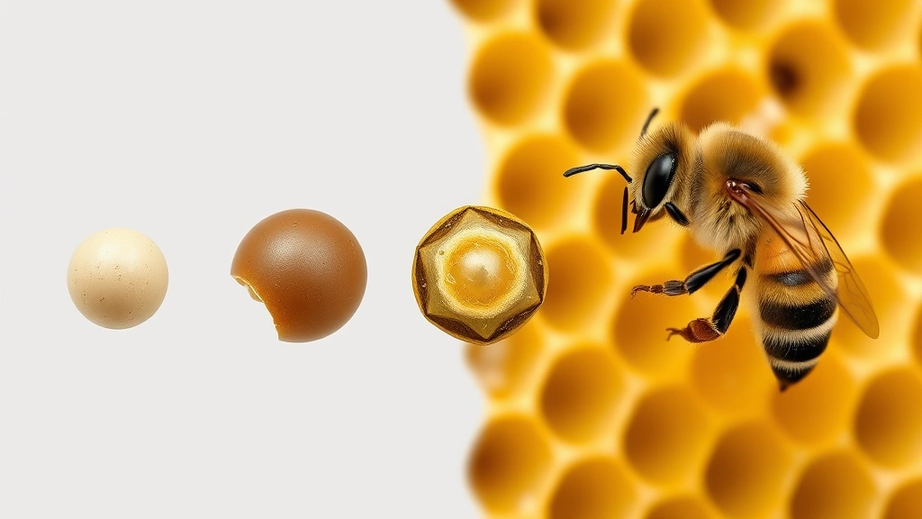 Sequence of bee development stages displayed side by side: egg, larva, capped pupal cell, and newly emerged adult bee on honeycomb