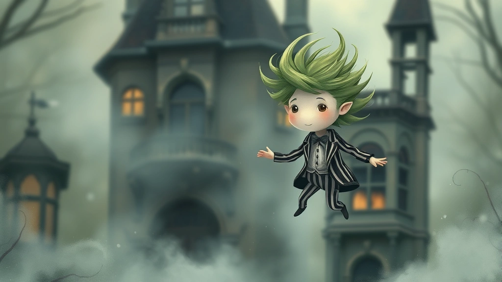 Whimsical illustration of a tiny ghost-like figure with wild green hair wearing a miniature black and white striped suit, floating playfully in a misty atmosphere with gothic Victorian architecture in soft focus background