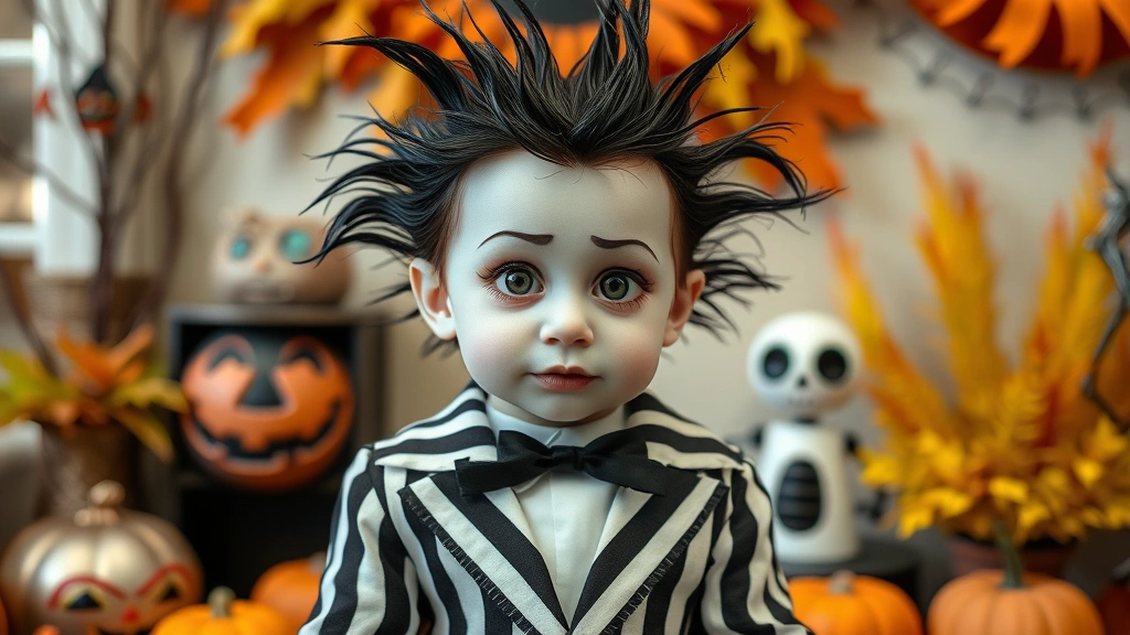 Close-up of a creative Baby Beetlejuice costume on display, featuring a small striped suit, pale face makeup, and wild styled hair, posed against a backdrop of autumn decorations and Halloween props