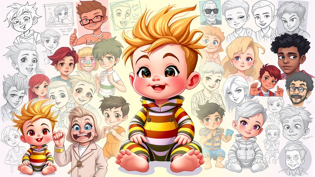 Vibrant digital art scene showing multiple interpretations of a baby character with striped clothing and wild hair, surrounded by fan art sketches, memes, and creative variations in various artistic styles