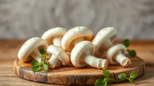 Fresh baby bella mushrooms displayed on rustic wooden cutting board with soft natural kitchen lighting, clean composition, no text