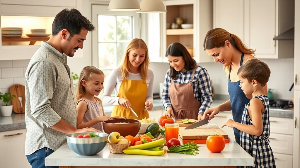 Family preparing dinner together in bright kitchen, adults and children chopping vegetables at counter, warm and inviting atmosphere, no text