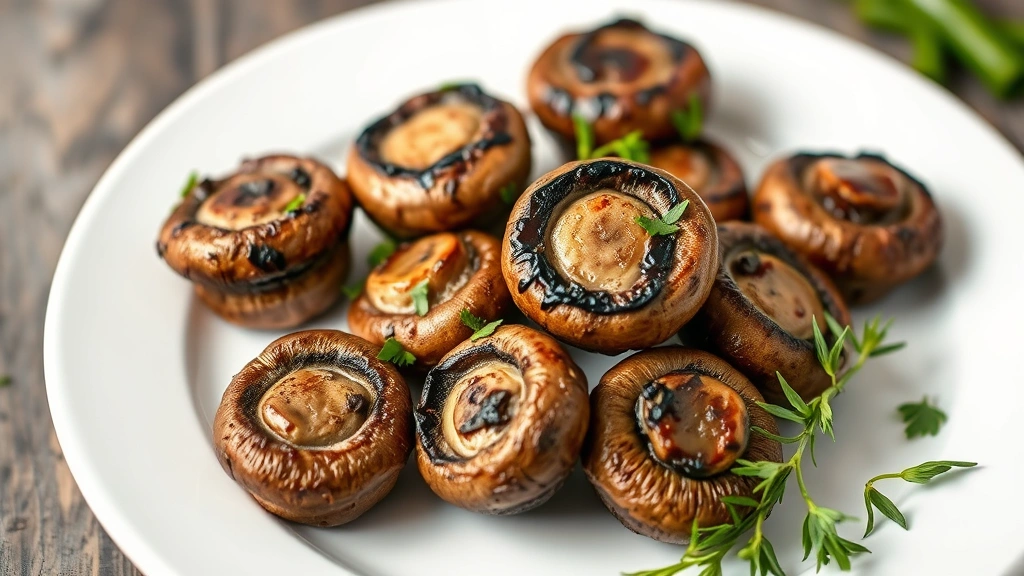 Roasted baby bella mushrooms on white ceramic plate with fresh herbs garnish, shallow depth of field, appetizing presentation, no text