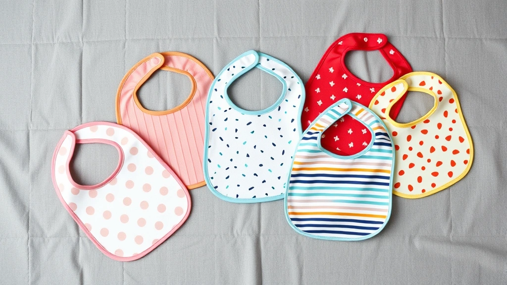 Overhead flat lay of five different colorful baby bibs displayed on soft gray fabric, showing various styles and patterns