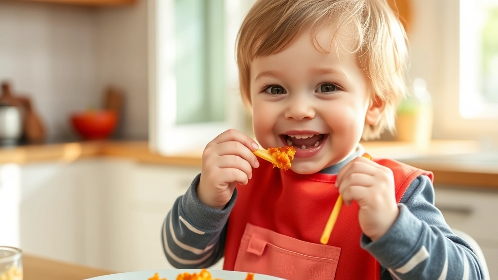 Toddler happily eating messy food while wearing a waterproof bib with crumb catcher pocket, genuine smile, bright kitchen setting