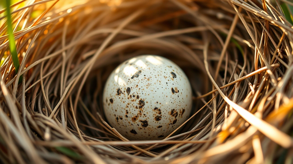 Close-up of a speckled bird egg in a nest made of twigs and soft grass, warm sunlight filtering through, showing intricate egg texture and natural nest construction