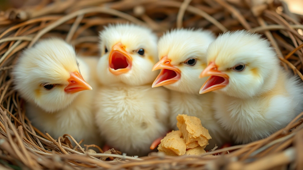A nestful of four fluffy chick babies with closed eyes and downy feathers, mouths wide open begging for food, surrounded by nest material in soft natural lighting