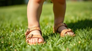 Toddler wearing cork sandals playing outdoors on green grass, close-up of feet and shoes, natural sunlight, happy expression