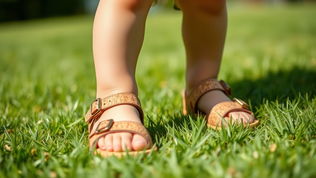 Toddler wearing cork sandals playing outdoors on green grass, close-up of feet and shoes, natural sunlight, happy expression