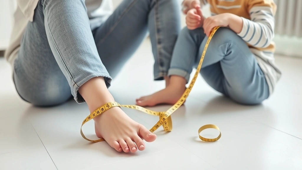 Parent carefully measuring child's foot size with measuring tape on white floor, child sitting down, professional fitting scene