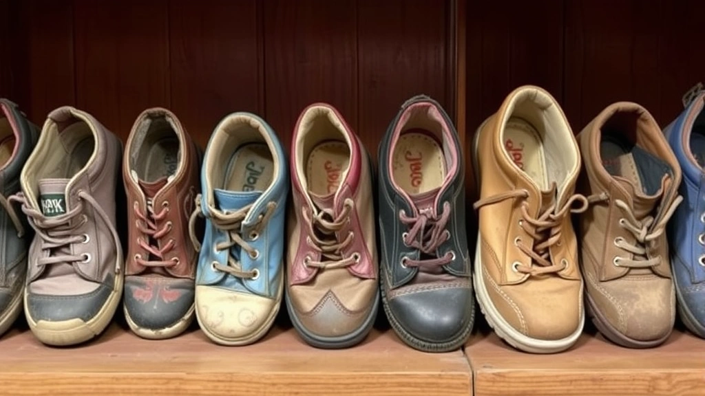 Multiple pairs of worn children's shoes lined up showing different stages of wear and deterioration, wooden shelf background